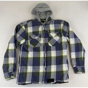 Oakley Blue Plaid Button Up Heavyweight Flannel Shacket Hood Hoodie Men's Medium